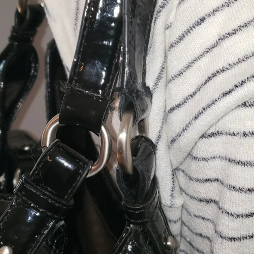 COLE HAAN Triangle Black Patent Suede Leather Basket Weave Shoulder‎ Satchel Bag